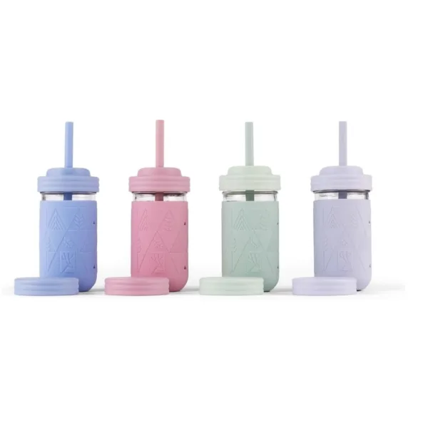 Elk and Friends - Vasos de vidrio para niños y niños pequeños | Los originales de 12 oz con fundas y pajitas de silicona | Vasos a prueba de derrames, paquete de 4